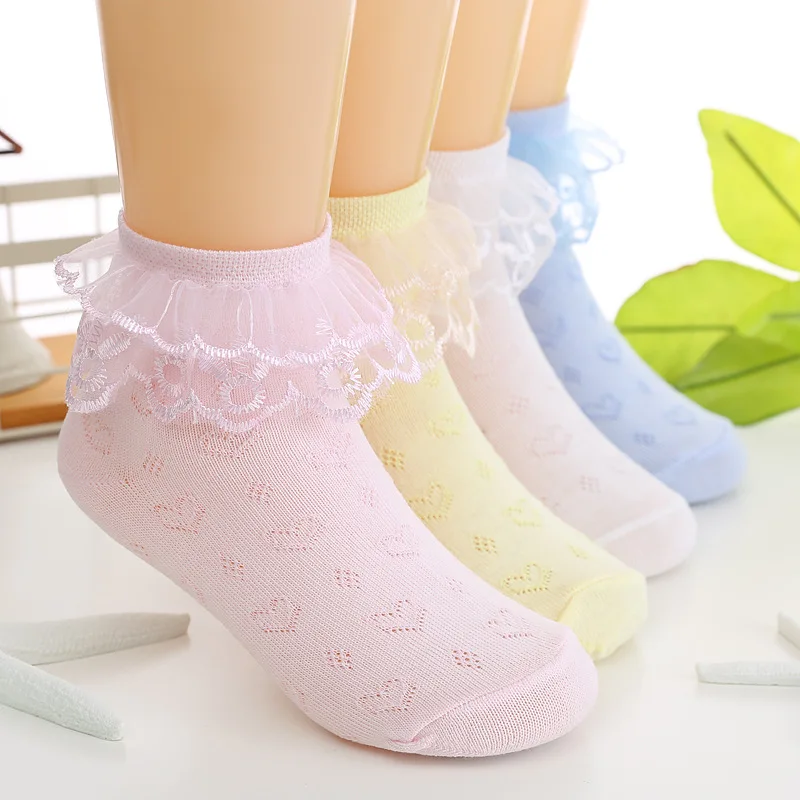 Calcetines tobilleros con volantes de encaje para ni&ntilde;a, medias el&aacute;sticas de algod&oacute;n para beb&eacute;, color blanco, 5 par/lote-0