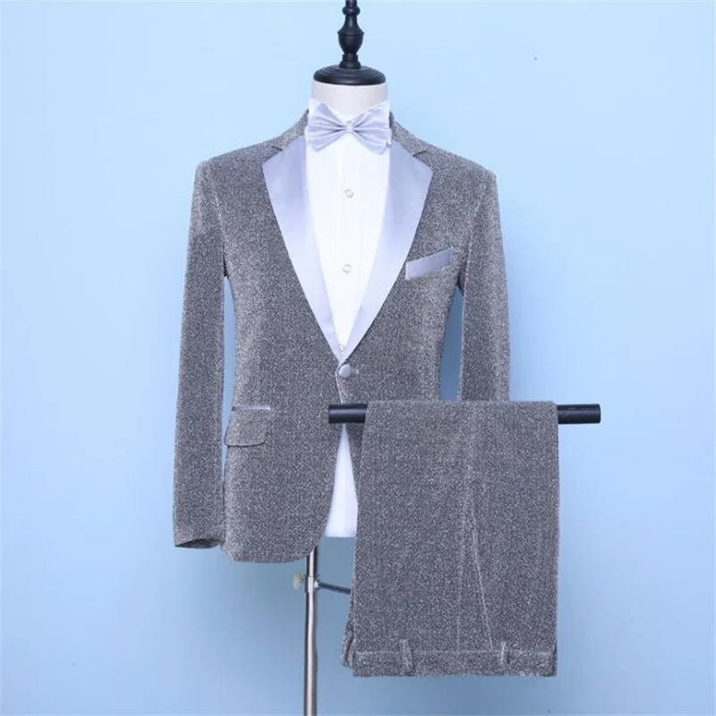 Silver grey blazer men groom suit set with pants mens wedding suits costume singer star style dance stage clothing formal dress