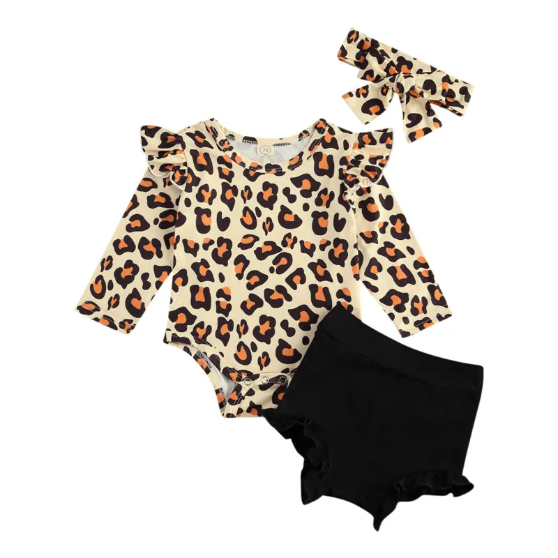 

2021 Newborn Long Sleeve Romper Head Shorts Bowknot Hairband Leopard Outfits Baby Clothing