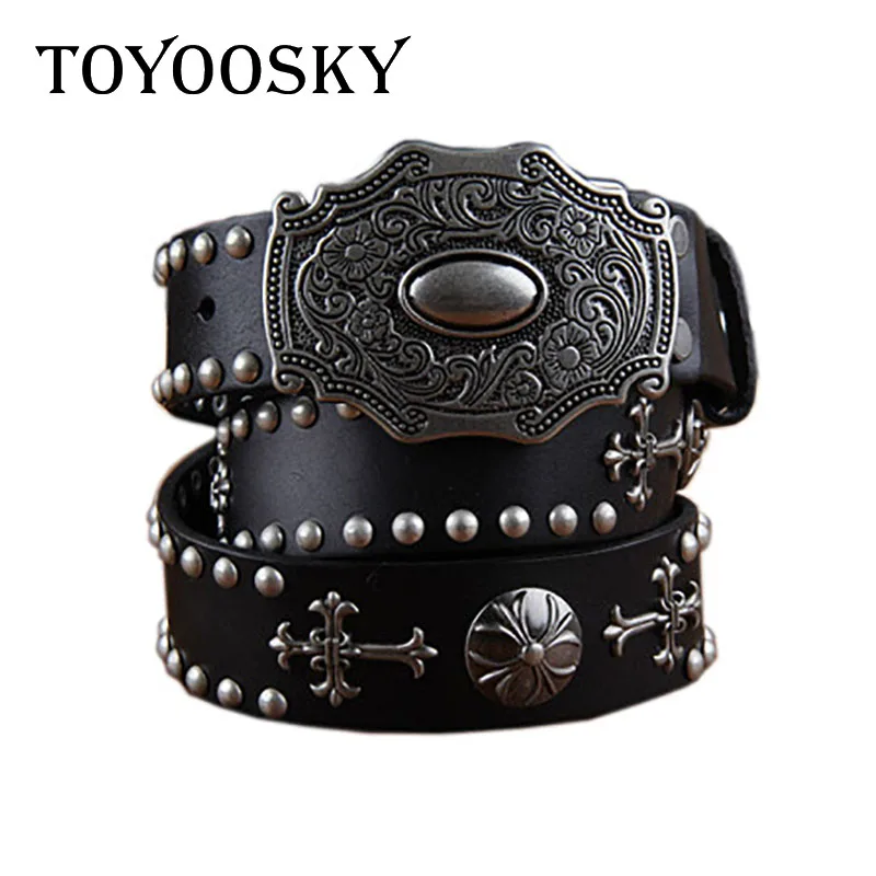 

TOYOOSKY New Designer Rivet Vintage Women Men Unisex Belt Pin Buckle Belt for Women Female High Quality Genuine Cowskin Belts