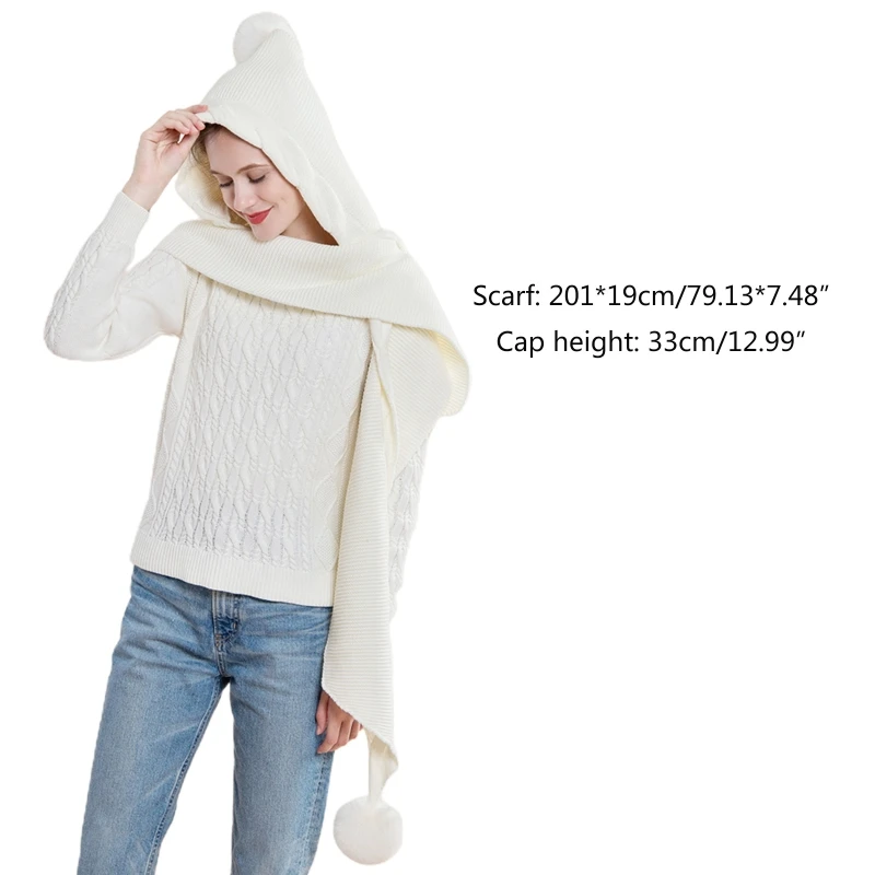 

Women Winter Hooded Hat Scarf Cute Pompom Crochet Knit Shawl Wrap Outdoor Windproof Blanket Earflap Cap Neck Warmer