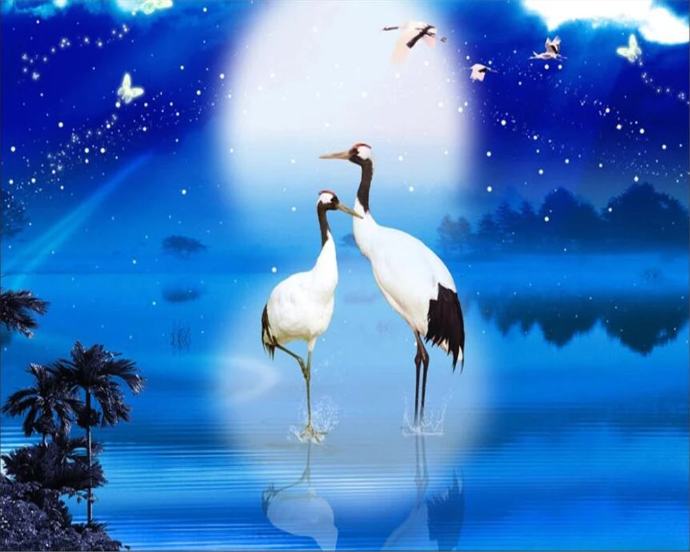 Wellyu пользовательские обои 3d Фреска dreamy blue night sky moon crane Гостиная ТВ фон настенная