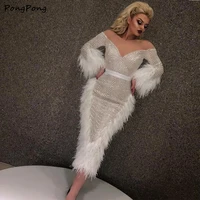long sleeves arabic prom dresses with feather sheath v neck short sexy evening party gown plus size special occasion dress