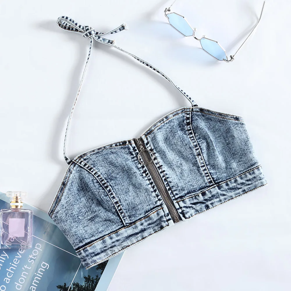 Женский Джинсовый укороченный топ голубой на молнии без рукавов и с открытой