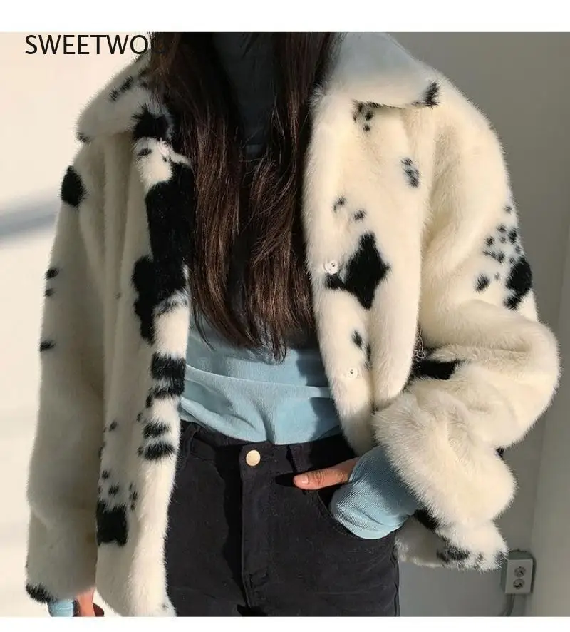Korean Small Cow Pattern Imitation Mink Fur Coat Female Short Thick Black and White Spotted Plush Coat 2022