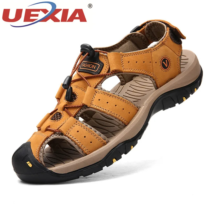 

UEXIA New Leather Cowhide Men Sandals Summer Quality Beach Slippers Casual Sneakers Outdoor Beach Shoes Flats Sandal Sandalia