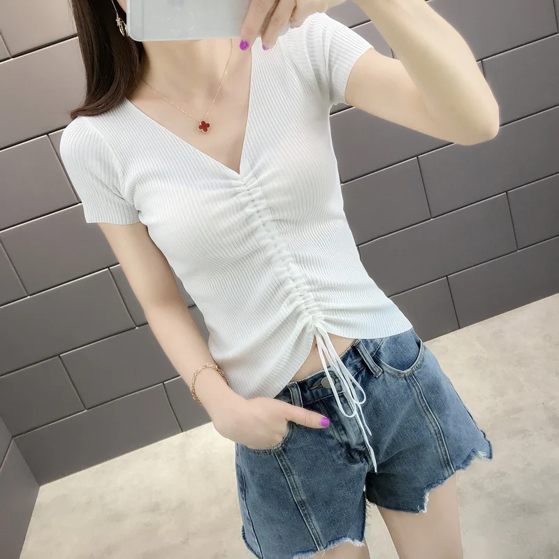 

new V-neck spring and summer Sweater women with thin solid color knit elastic cultivateLadies Sweater Slim fit and high elastici