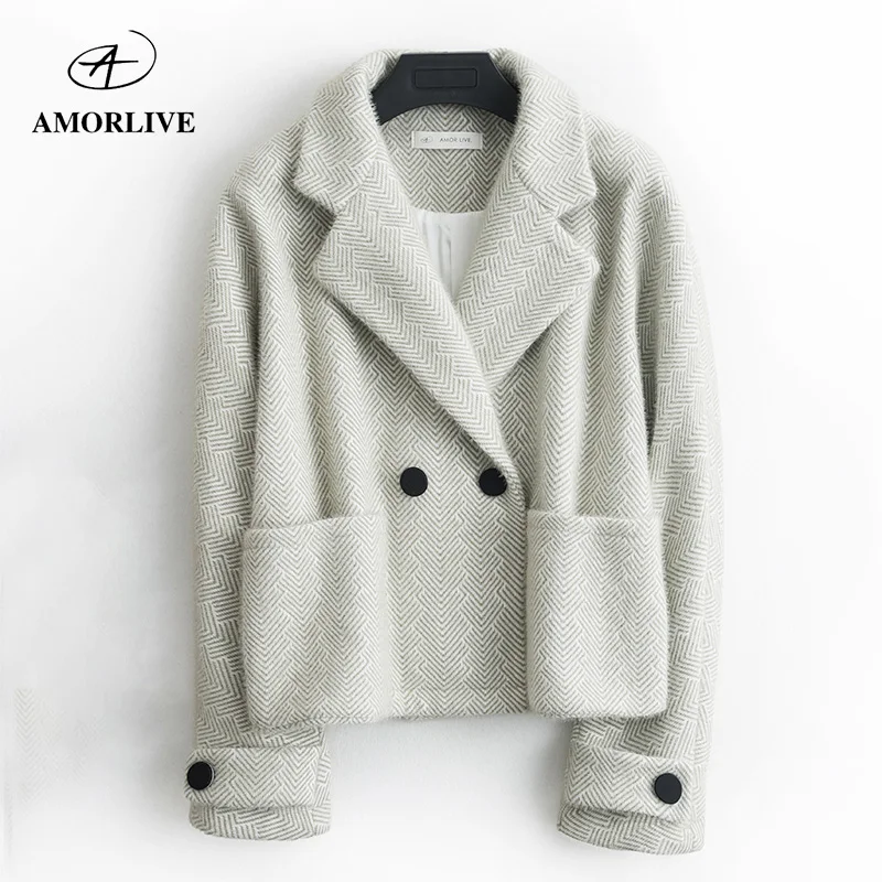 

AMOR LIVE Snowy Woolen Coat For Woman Elegant Suit Collar Short Jacket Autumn Winter Women Wool Coat пальто