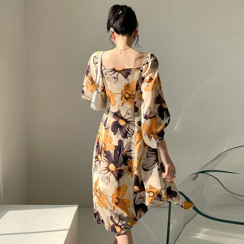 

XIZIHUPAN Floral Print Casual Dress For Women Square Collar Lantern Long Sleeve High Waist Knee Length Dresses Female 2021 Style
