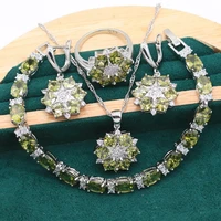 925 sterling silver jewelry set for women wedding bracelet earrings necklace pendant bride ring olive green crystal 4pcs gift