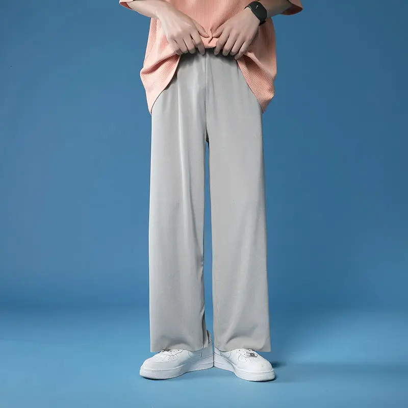 

Solid Color Ice Silk Pants Men's Korean Fashion Casual Pants Men's Loose Straight-leg Pants Men's Streetwear Wide-leg Pants Men