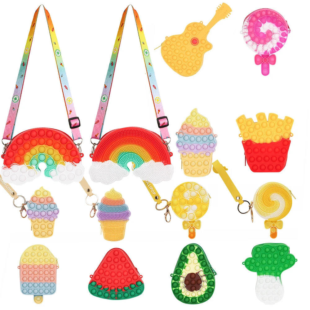 

New Pop It Fidget Toy Kawaii Rainbow Ice Cream Fruit Lollipop Key Pendant Cartoon Bag Relieve Autism Kids Christmas Gifts