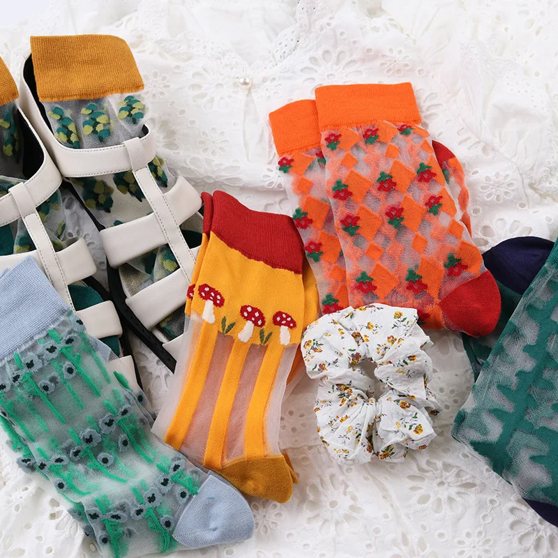

Transparent Fashion Cartoon Kawaii Socks Candy Color Casual Crystal Silk Japanese Korea Harajuku Style College Style Women Socks
