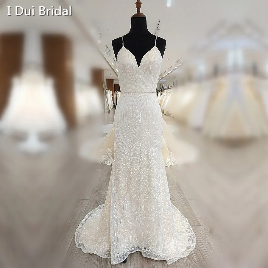 

Luxury Sheath Wedding Dress with Spaghetti Strap Sequin Detail Illusion Keyhole Back Crystal Belt Bridal Gown Factory