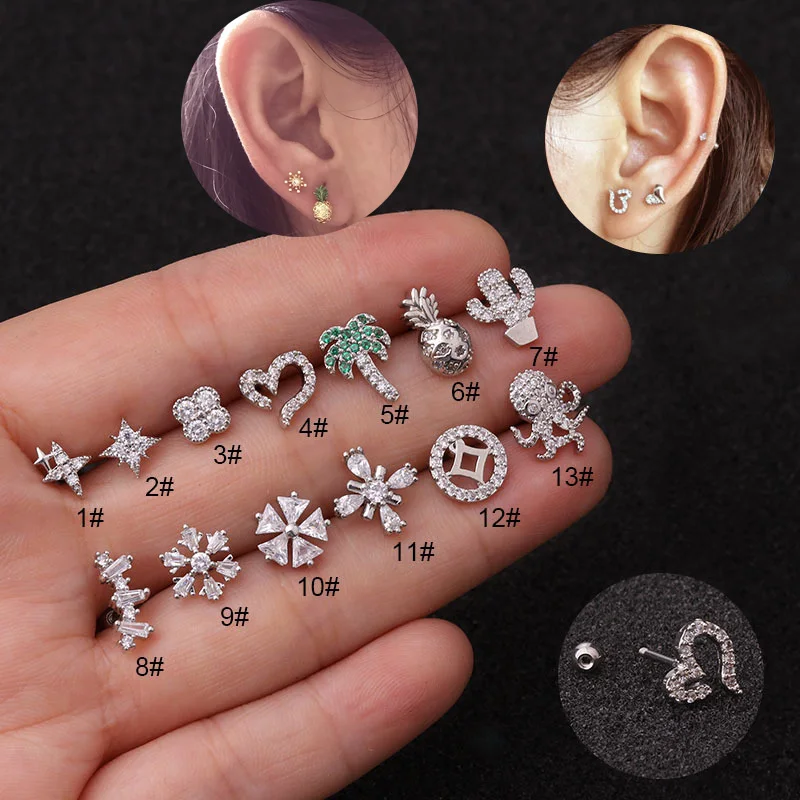 Серьга гвоздик из нержавеющей стали с фианитом ювелирное изделие для пирсинга