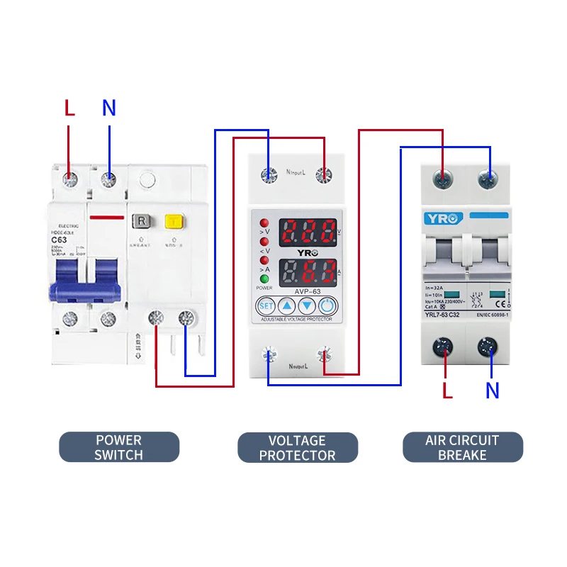 Din-рейка с двойным дисплеем регулируемое реле под напряжением и током 63 А 230 В |