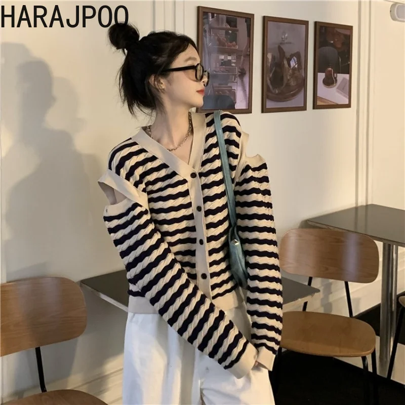 

Свитера Harajpoo женские с отстегивающимися рукавами французская нишевая винтажная полосатая трикотажная кофта-Кардиган Женская весенне-осен...