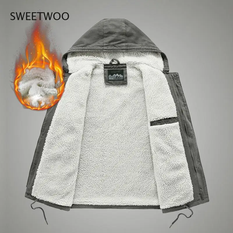 Mens Winter Jacket Coat Cotton Padded Hooded Long Sleeve Men Parka Coat Thicken Warm Casual Outerwear Fleece Overcoat