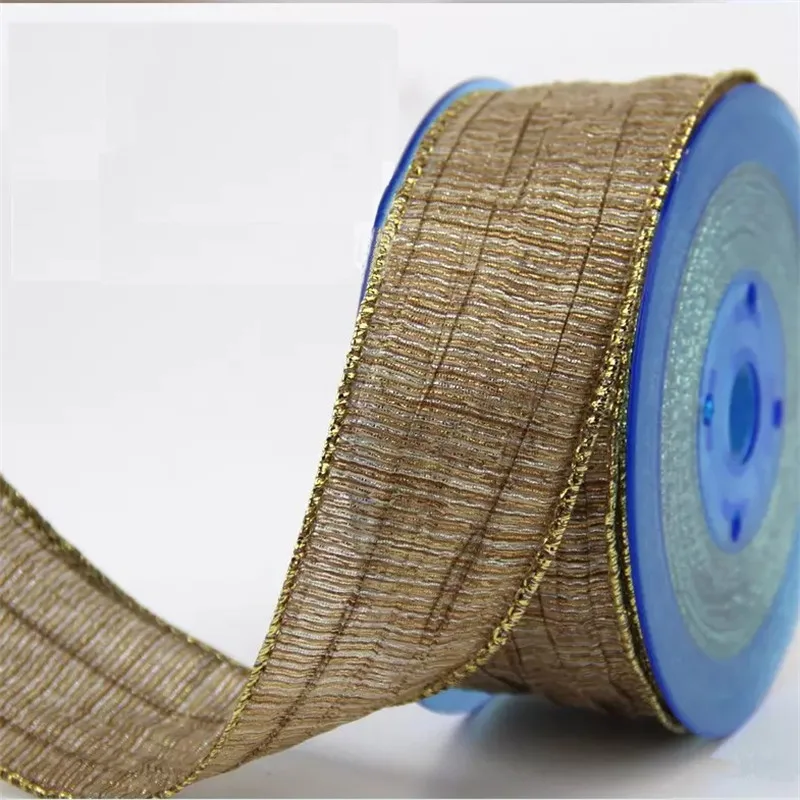 

38mm X 25yards Decorative Cotton Linen Burlap Ribbon with Golden Wired Edges for Craft, DIY, Crafting, Wreath Making, Bows N2275