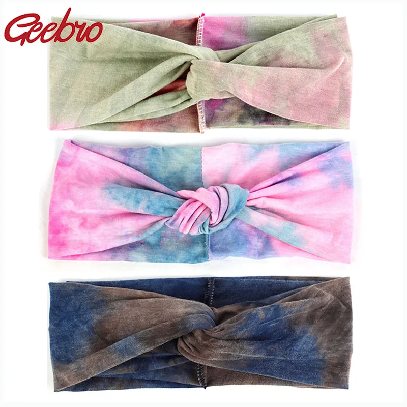 

Geebro New Fashion Women Girls Cotton Tie Dye Headband Female Bohemian Style Bows Hairbands Beach Spring Summer Hair Accessories