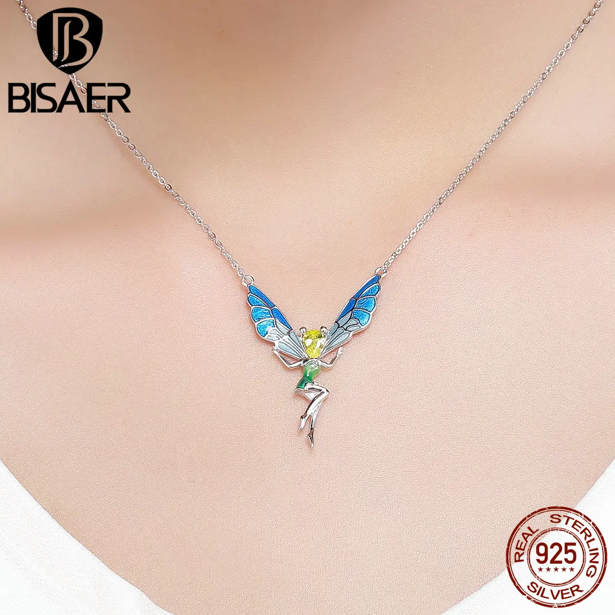 BISAER, 925 пробы, серебряная эмаль, Летающая бабочка, фея, подвеска и ожерелье, серебряная цепочка, звено, ожерелье для женщин, подарок, GXN253