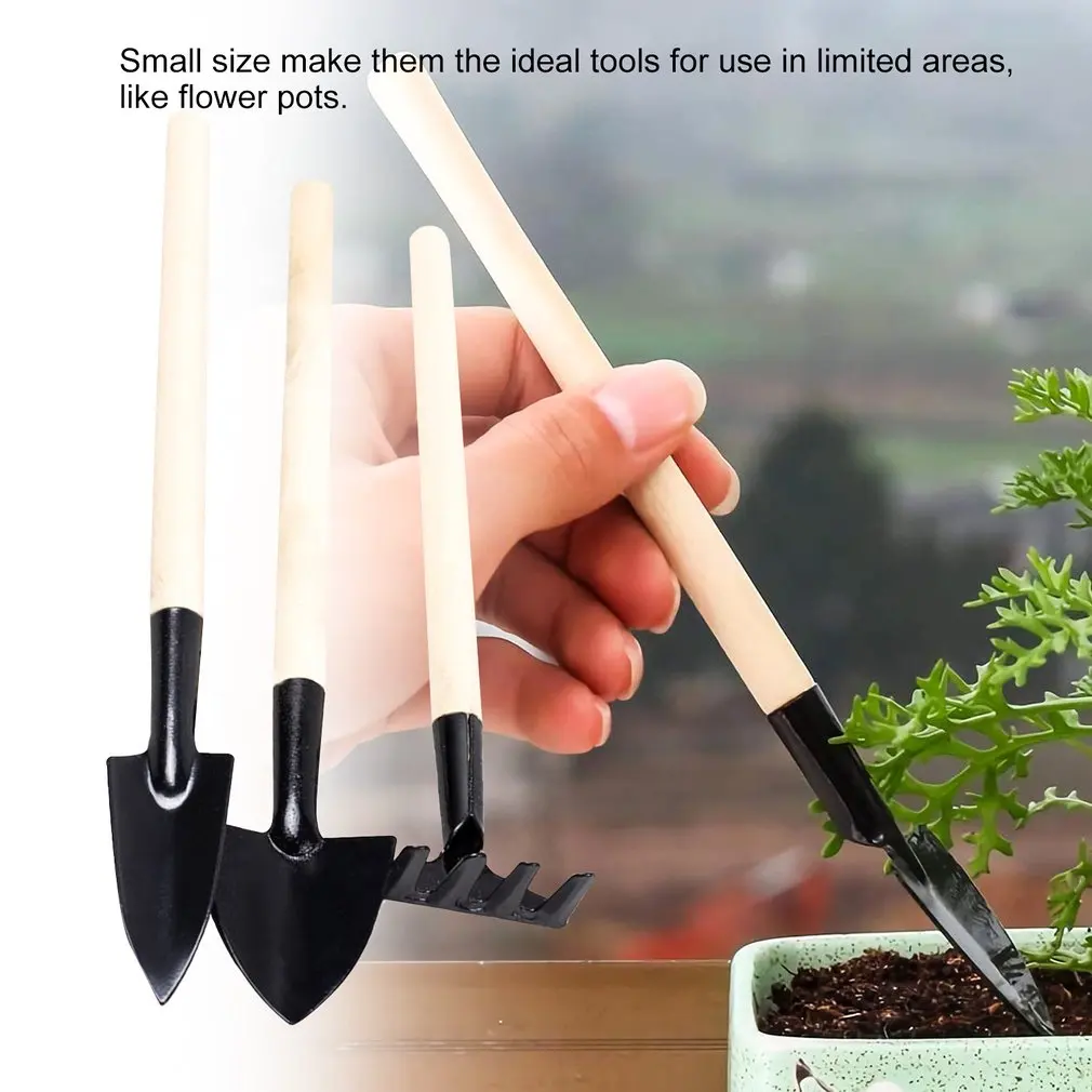

3Pcs Gardening Mini Tools Wood Long Handle Metal Head Small Shovel Rake Spade Loosen Soil Tools Child Adult Gardening Tools Set