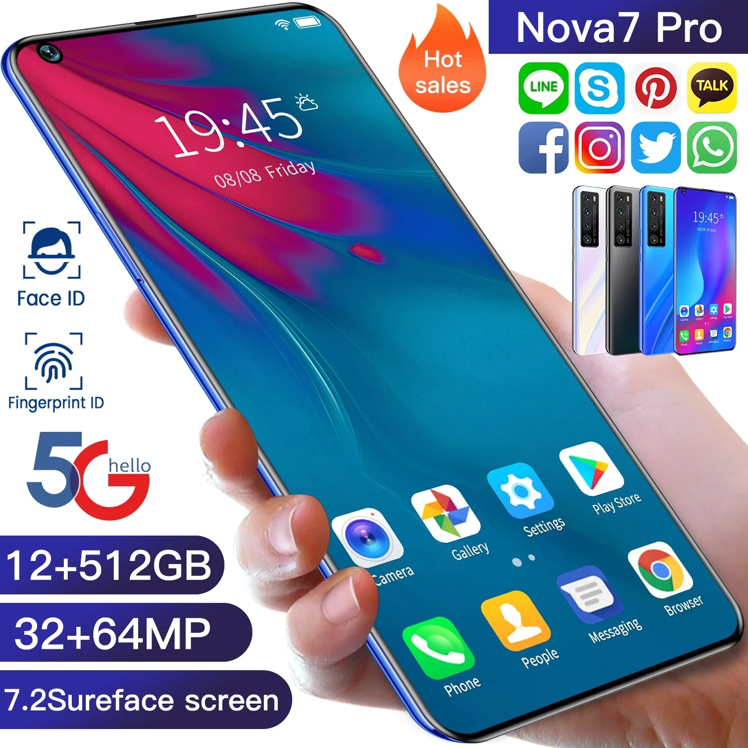 

HUAWA Nowa7 Pro Cellphone Global Version 12G+512G Android10 7.2Inch 32+64MP 5000mAh 5G Deca Core Undefined Mobile Phone