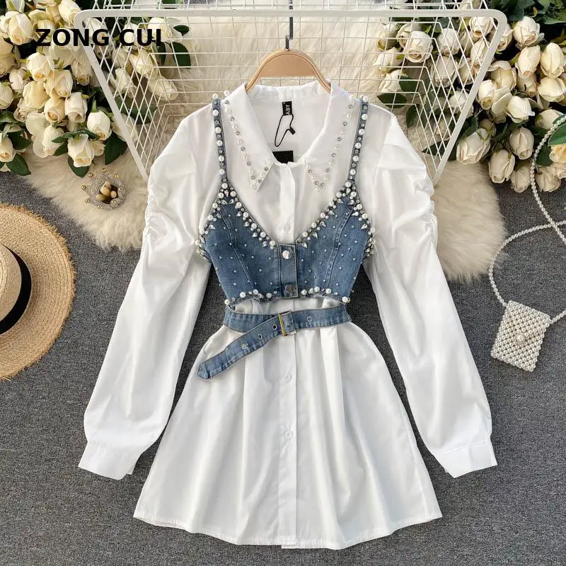 

Spring 2021 New Temperament Blouse Female Lapel Beaded Stacking Bead Blusa Sling Waistcoat C Fashion Two-piece Shirt