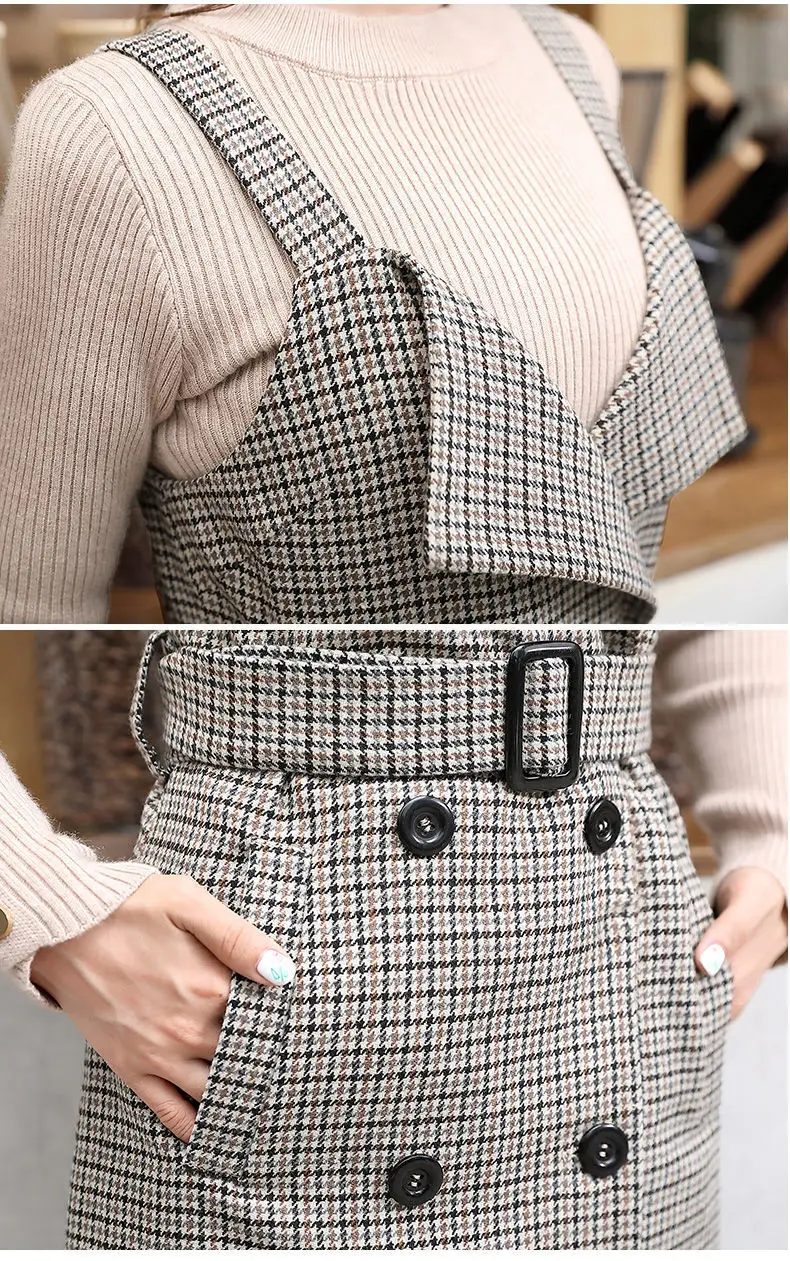 

Korean Style Sleeveless Dress for Women Double Breasted Sashes Houndstooth Vest Dresses Spring Autumn Woolen Vestido de Mujer