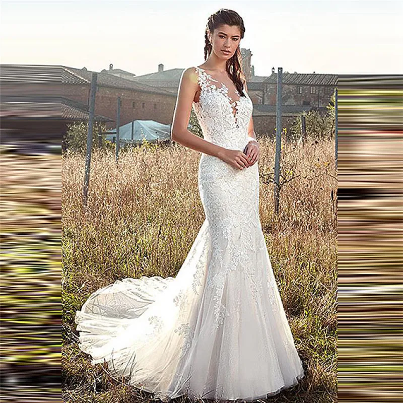 

Женское свадебное платье с юбкой годе, кружевное платье с глубоким вырезом и открытой спиной, на пуговицах, платье невесты без рукавов