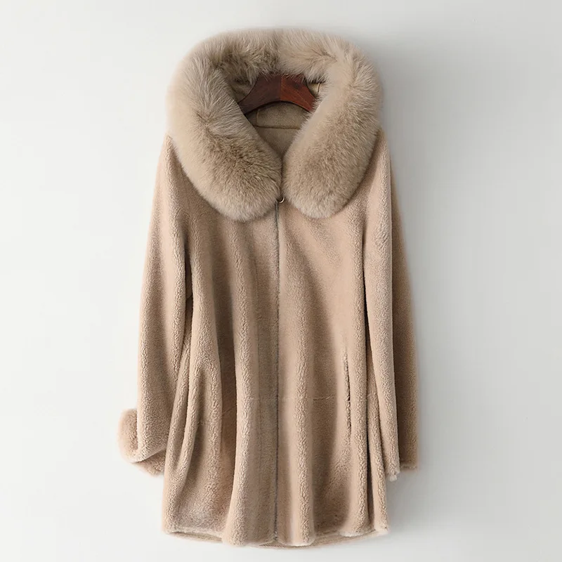 Elegant Fox Collar Hooded Sheep Sheared Mid Length Women Coat Real Fur Wool Grain Outwear Autumn and Winter Warm Red Jacket