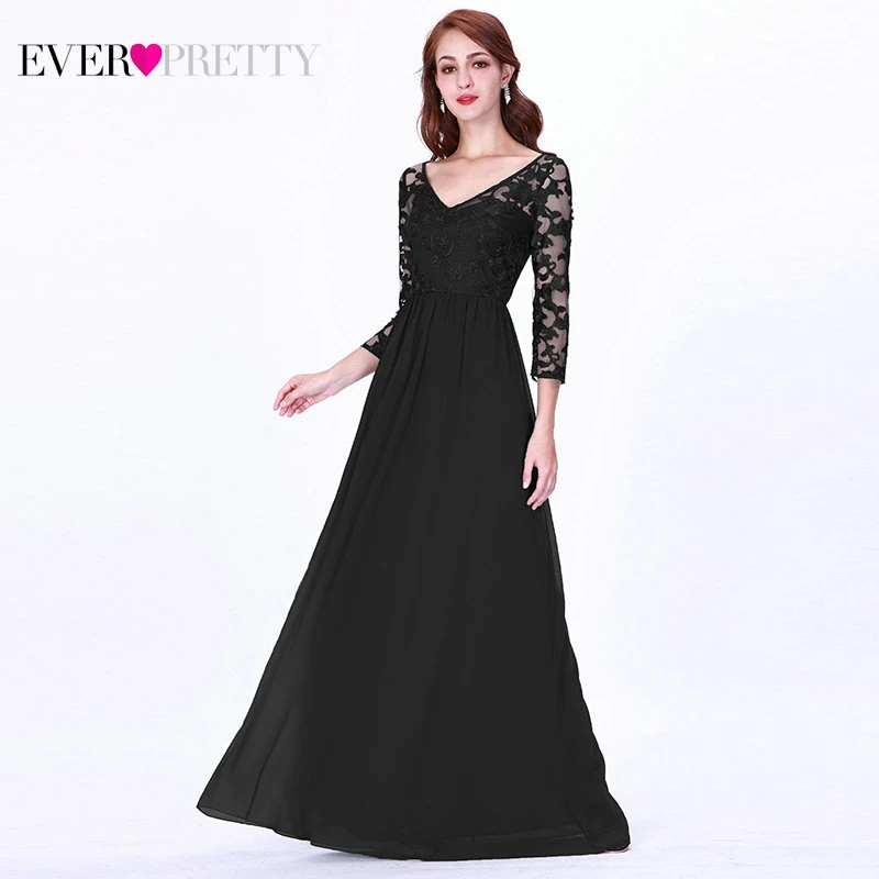 Сексуальные вечерние платья с длинным рукавом Ever Pretty EZ07633 женские Дешевые Кружевные Аппликации с v-образным вырезом Формальные Элегантные вечерние платья - Цвет: Black