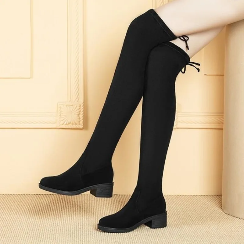 

Женские длинные сапоги выше колена, новинка 2020, на толстом среднем каблуке, тонкие эластичные красные рыцарские сапоги в сеточку, с тонкими ...