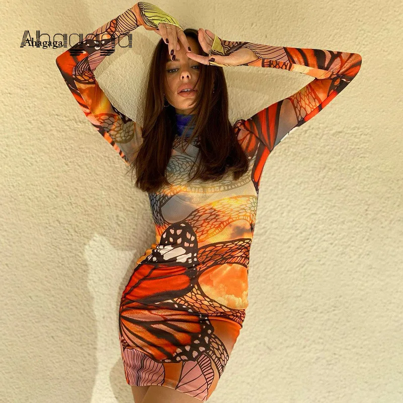 

AHAgaga Casual Dresses Women Sexy Boho Print Style Dress Women Skinny Winter Long Sleeve Vacation Wear Turtleneck Vestido Female