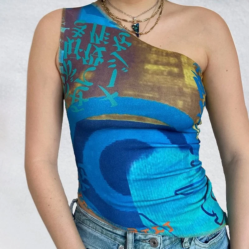 Harajuku 90s Vintage Printed Crop Top One Shoulder Asymmetric Corset Tank Women Summer Y2K Aesthetic Chinese Style Camis Vest