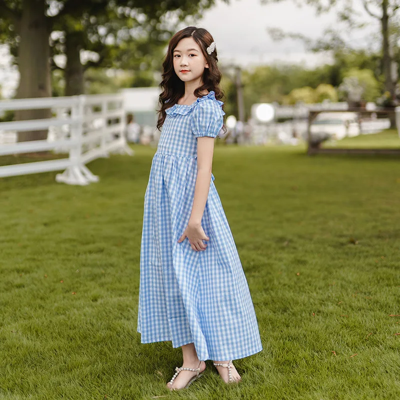 

Teen Girls Summer Sweet Plaid Cotton Long Dress Party Ceremoney Kids Girls Clothes 10 12 years