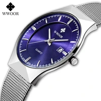 wwoor brand men quartz wristwatches classic casual waterproof watch with ultra thin mesh steel automatic date clock reloj hombre