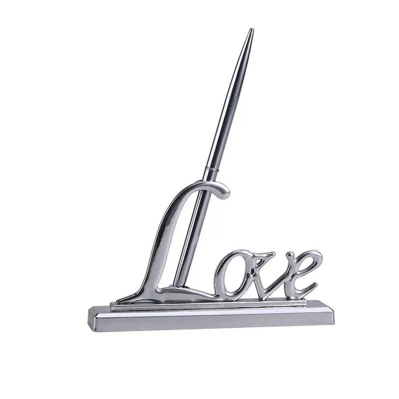 

Wedding Party Signing Pen With Gold Silver Plated Metal Love Holder Guest Book Signing Pen Set Wedding Supplies Party Gift Favor