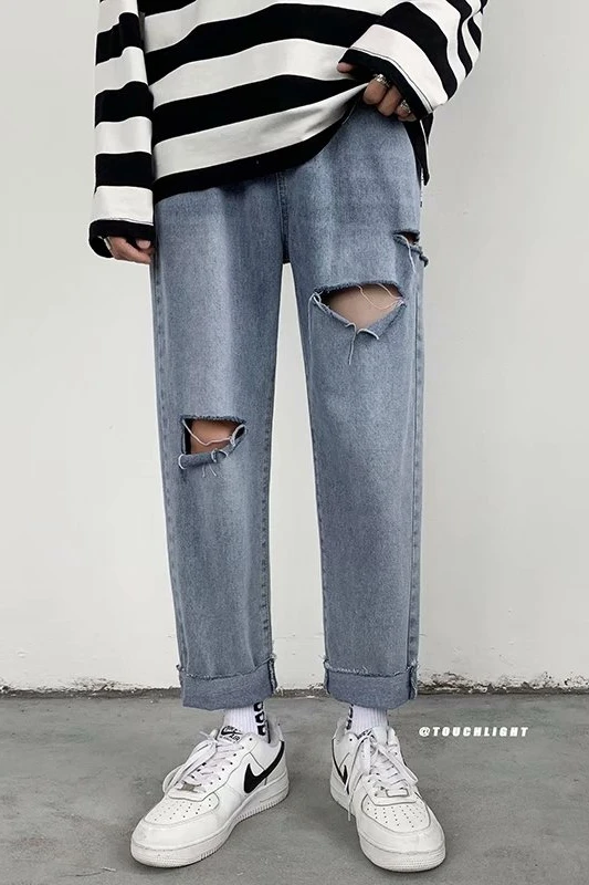 

High street personality burr hole jeans Korean fashion casual loose versatile 9-point pants straight tube streetwear