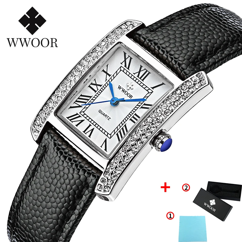 White black WWOOR новые белые квадратные часы с кристаллами женские водонепроницаемые часы из натуральной кожи женские повседневные модные часы аналоговый дисплей подарок - Цвет: White black
