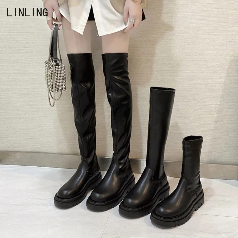 

Women Long Boots Over The Knee Ladies Luxury Fashion Autumn Winter Shoes Platform Fashion Woman Footwear Slip On 2021 New