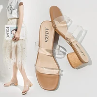 net red transparent slippers womens summer wear fashion 2021 new high heeled thick heeled womens sandals and slippers