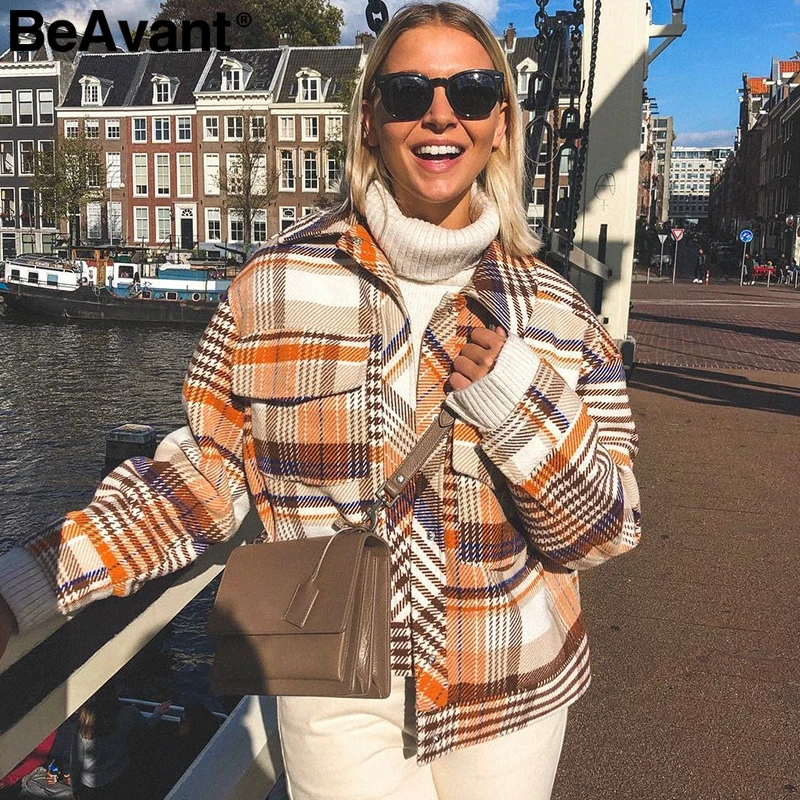 Женская однобортная клетчатая куртка BeAvant повседневная Осенняя верхняя одежда с
