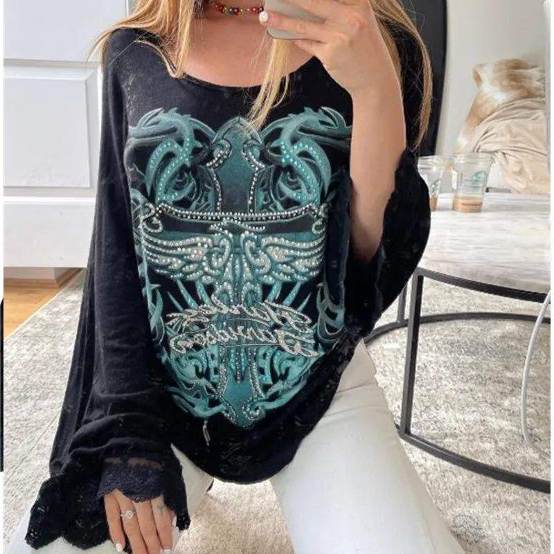 

Autumn Women T-Shirts Y2K Aesthetics Fairycore Pullover Vintage Rhinestone Graphic Print Long Flared Sleeve Tops Streetwear
