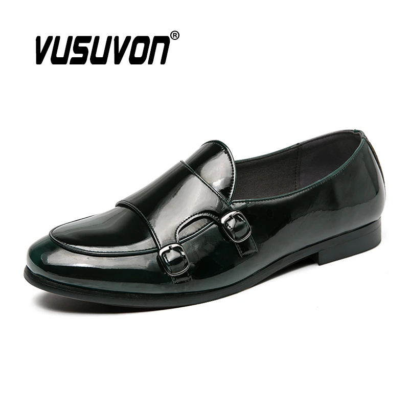 Летние туфли из лакированной кожи мужские модельные с двумя ремешками лоферы