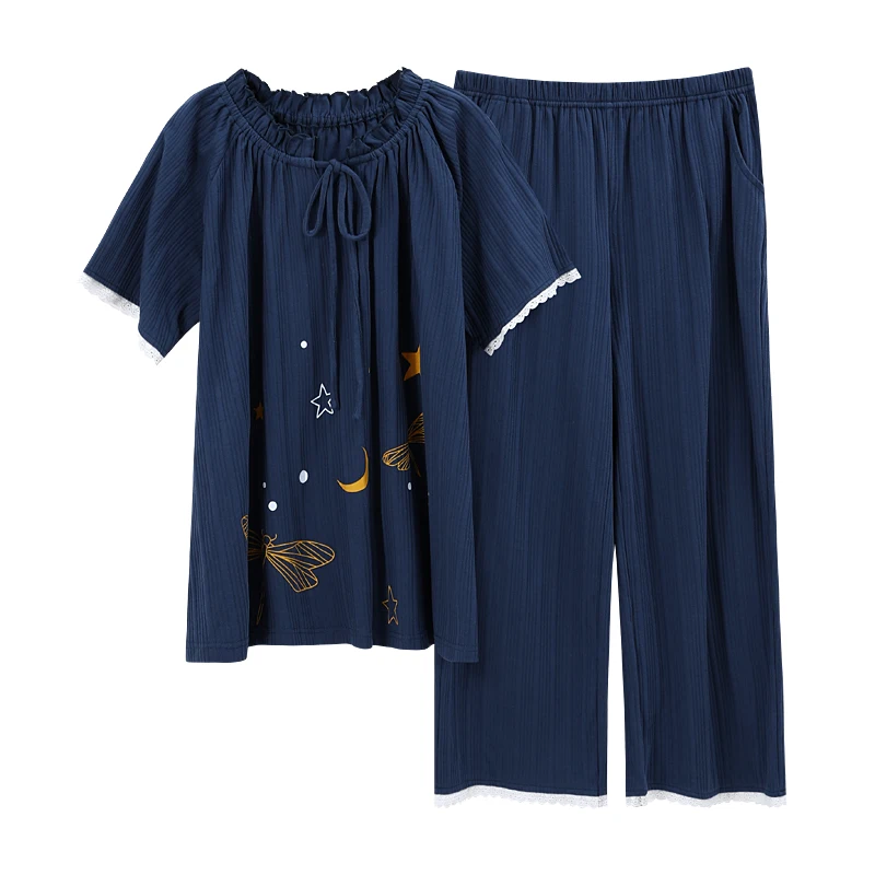 

Short Sleeve Round Neck Tie Adjustable Neckline Tops Cotton Pants Nightwear Suit Women Pajamas Home Clothes Plus Size Sleepwear