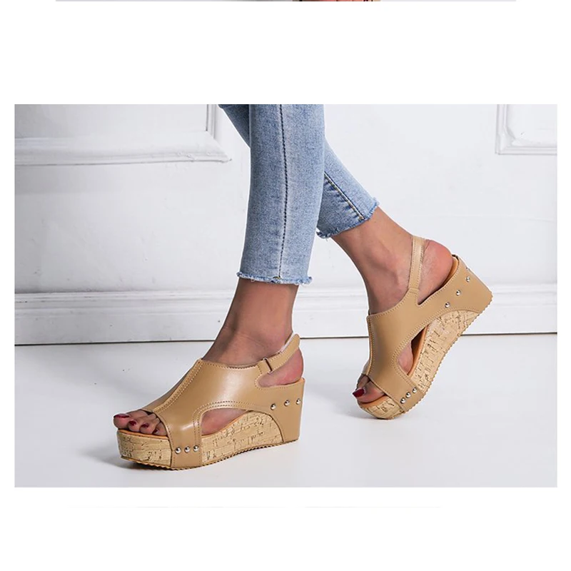 

High Quality PU Leather Women's Sandals Fashion Rivet Velcro High Heels Women Fish Mouth Comfortable Wedge Heel Women Sandals