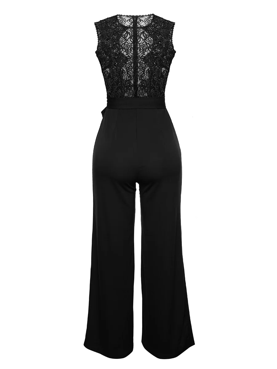 

Women sashes sexy sleeveless hollow perspective lace top patchwork straight long pants jumpsuit Black/royal blue club outfits