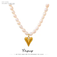yhpup temperament natural pearl jewelry romantic heart pendant necklace stainless steel gold collar necklace wedding gift 2021