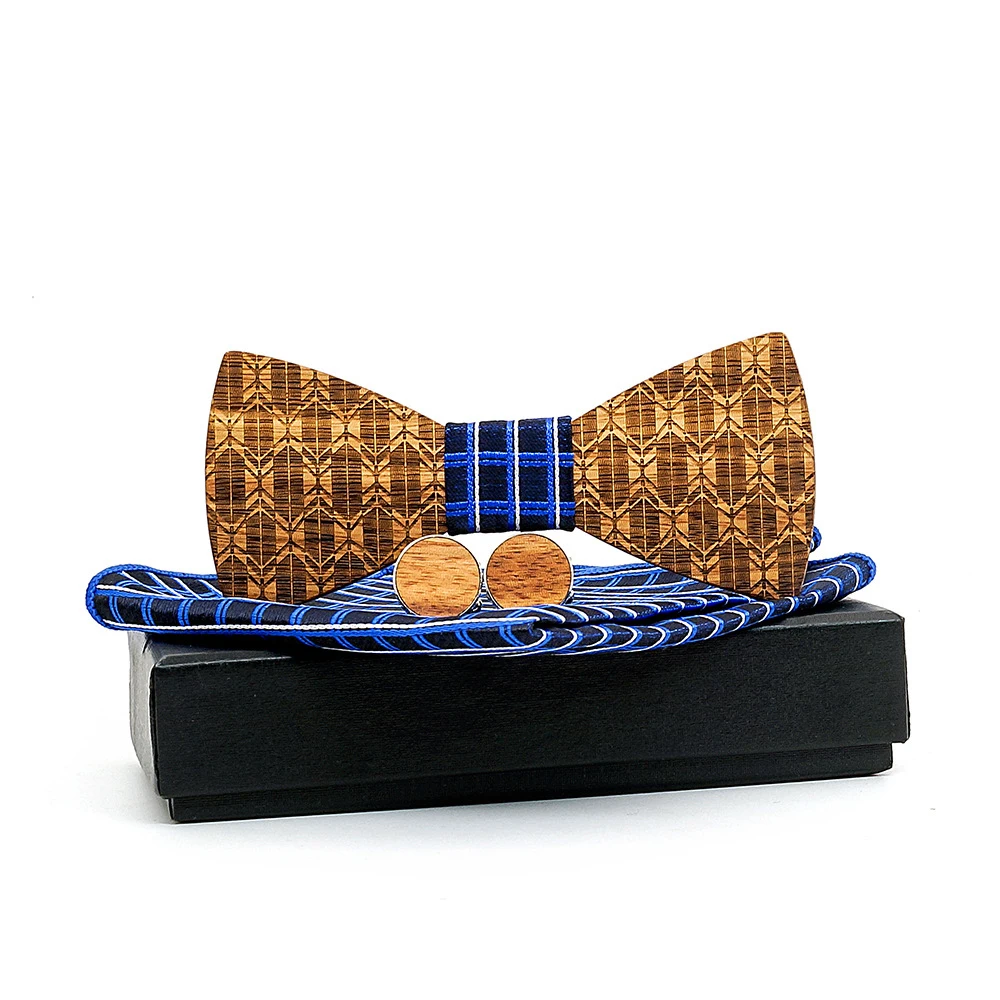 

Linbaiway 3D Wooden Bowtie Pocekt Square Cufflinks Set Business Wood Bow Tie Handmade Cravate Homme Noeud Papillon Corbatas